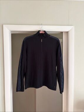 Boss Men’s Zip-Neck Sweater in Black with Quilted Sleeve Panels